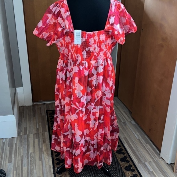 TORRID red floral Midi Cotton Clip Dot Lace Up Smocked Dress - Picture 7 of 7